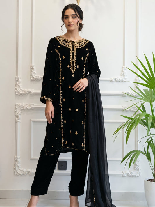 Velvet Embroidered Stitched 3Pc