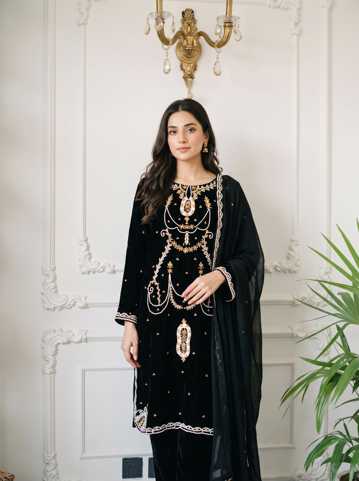 Velvet Embroidered Stitched 3Pc
