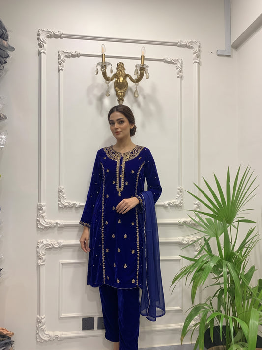 Velvet Embroidered Stitched 3Pc