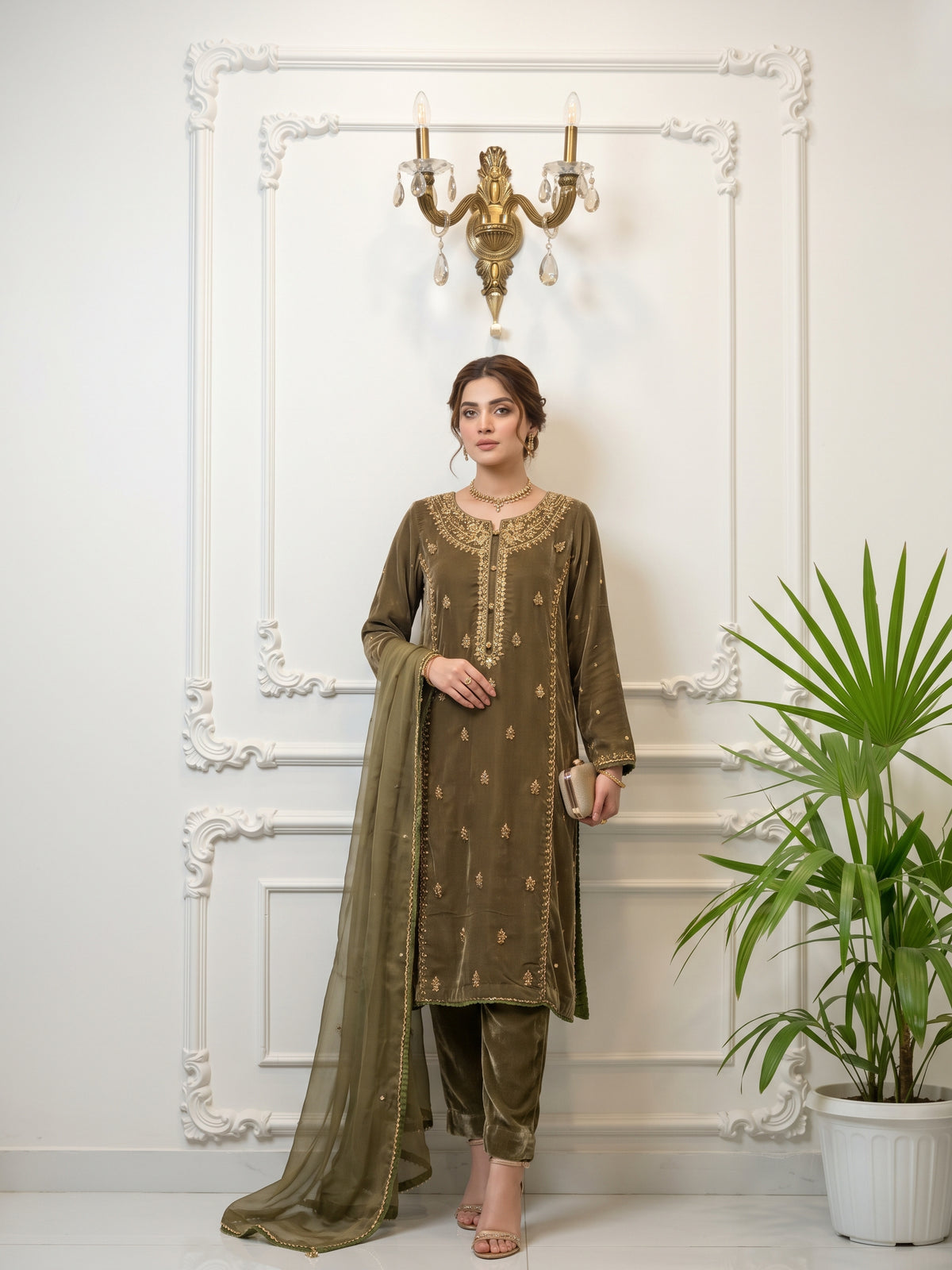 Velvet Embroidered Stitched 3Pc