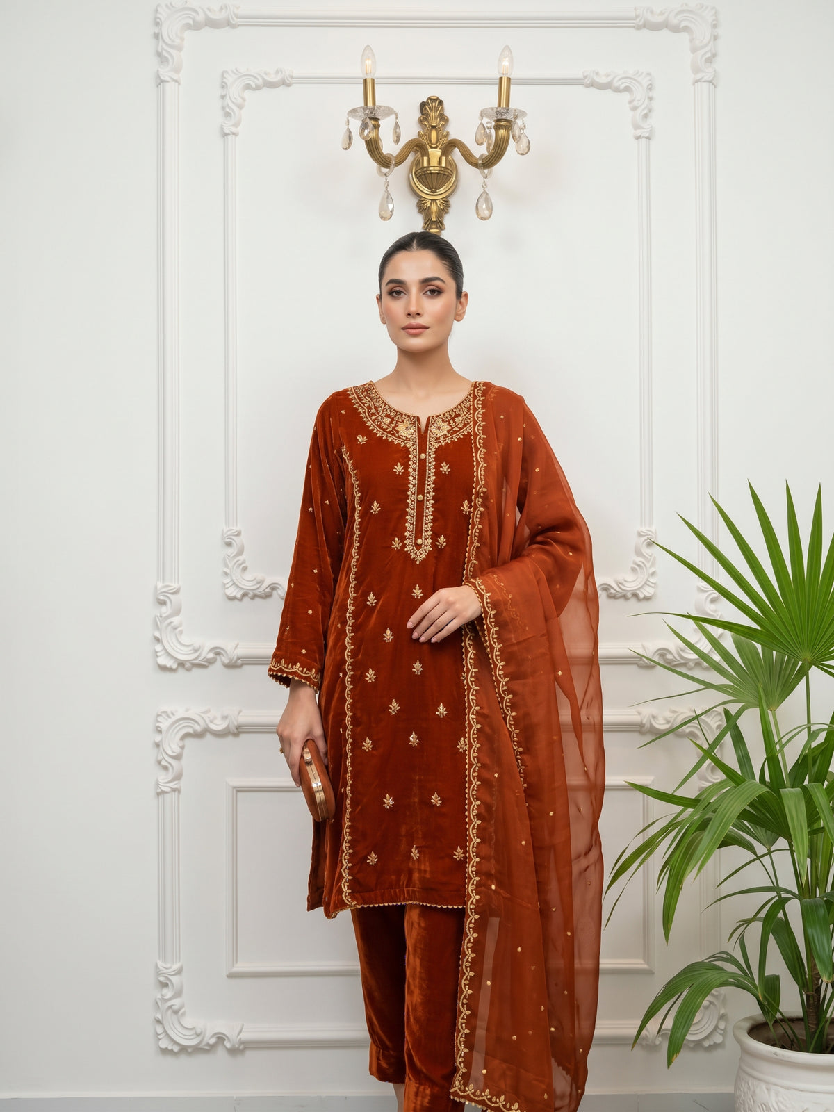 Velvet Embroidered Stitched 3Pc