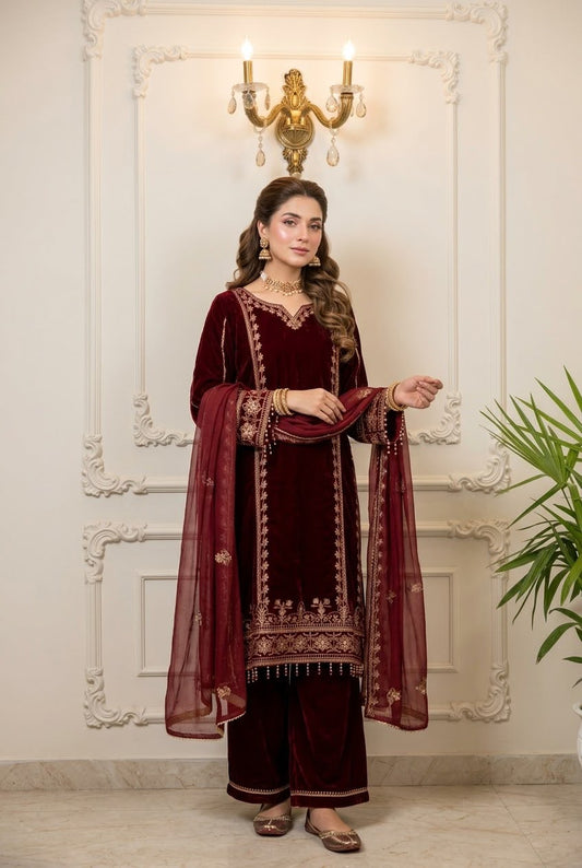 3pc Velvet Embroidered Suit BFO-010-XX-MNL
