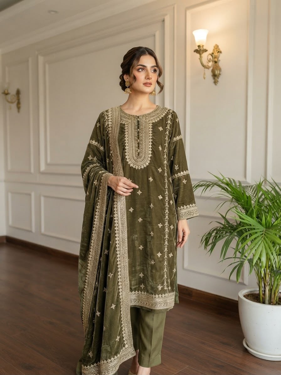 Valvet 3pc Embroidered Chiffon Dupptta Embroidered Plazo