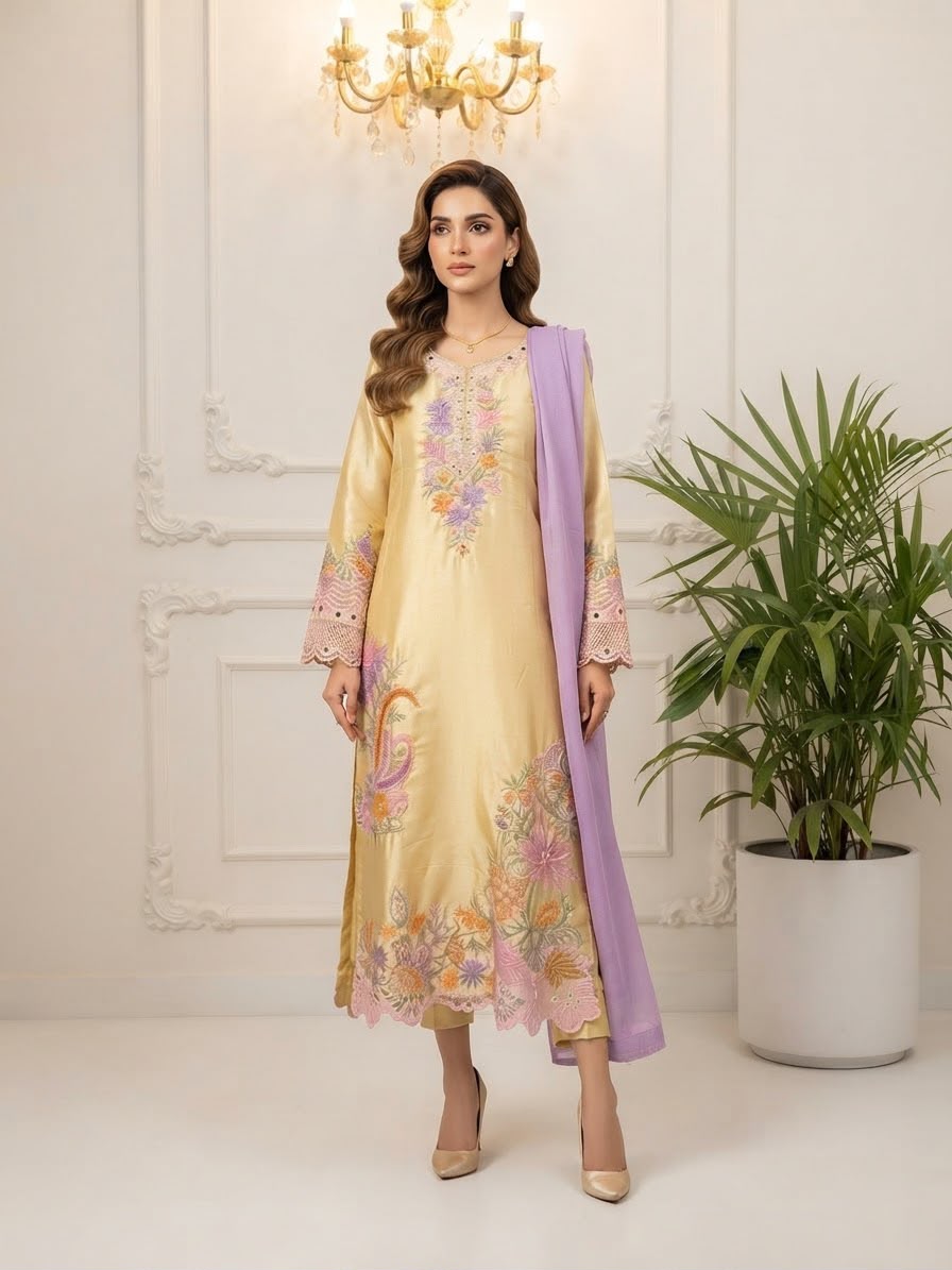 Silk Embroidered Kaftan Stitched 3-pc BFO-MNLS