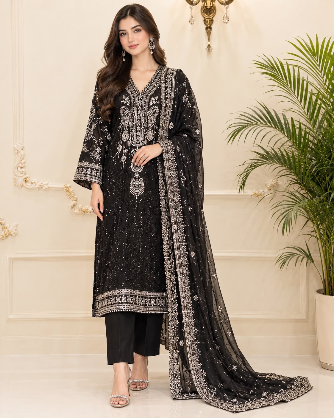 Chiffon Embroidered Stitched 3pc Suit