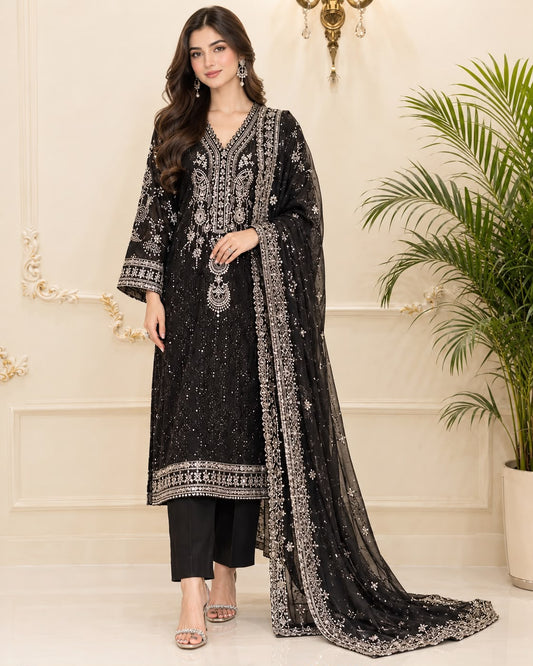 Chiffon Embroidered Stitched 3pc Suit