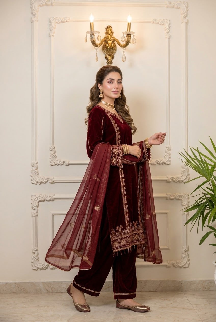 3pc Velvet Embroidered Suit BFO-010-XX-MNL