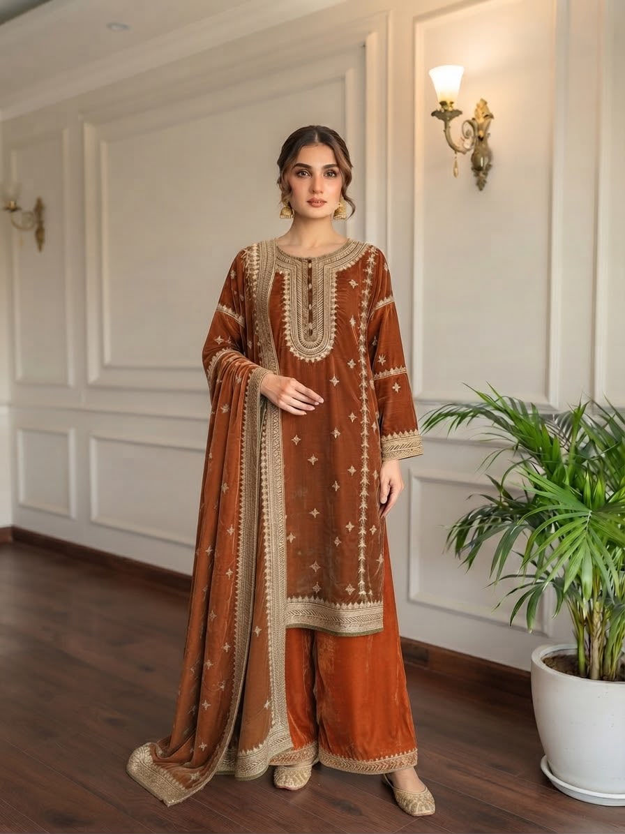 Valvet 3pc Embroidered Chiffon Dupptta Embroidered Plazo