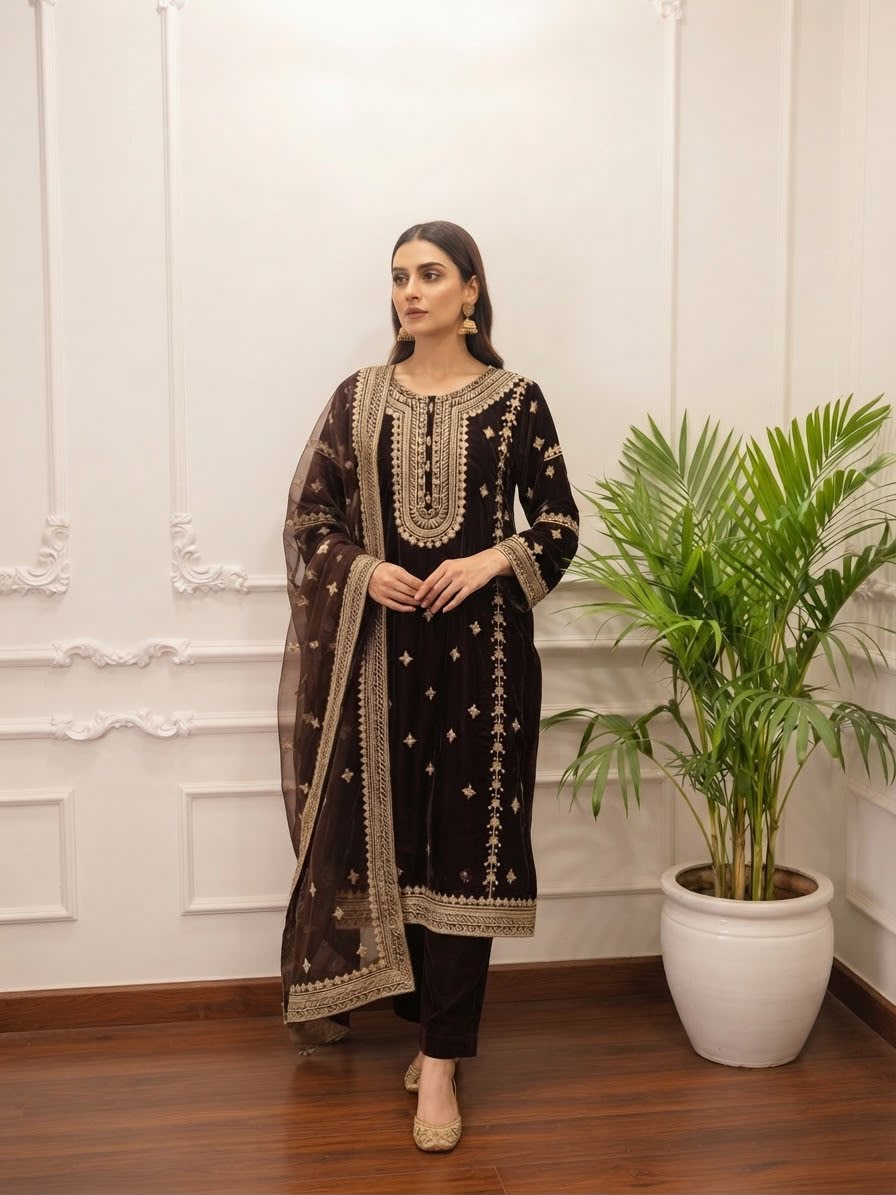 Valvet 3pc Embroidered Chiffon Dupptta Embroidered Plazo