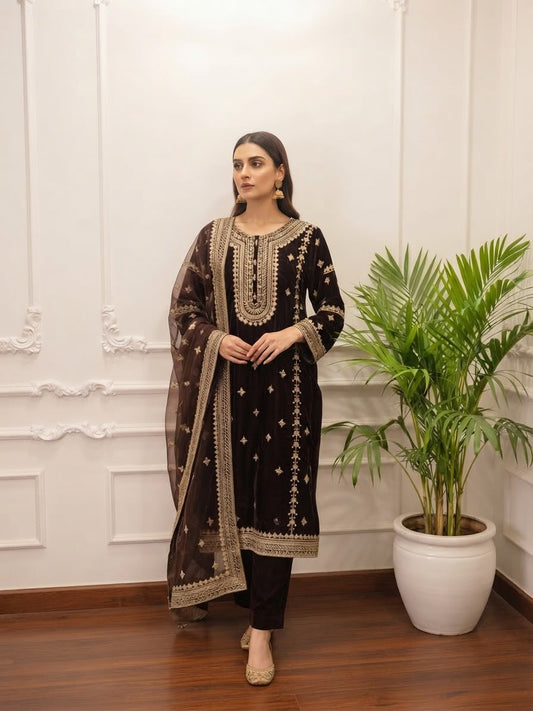 Velvet 3pc Embroidered Chiffon Dupptta Embroidered Plazo