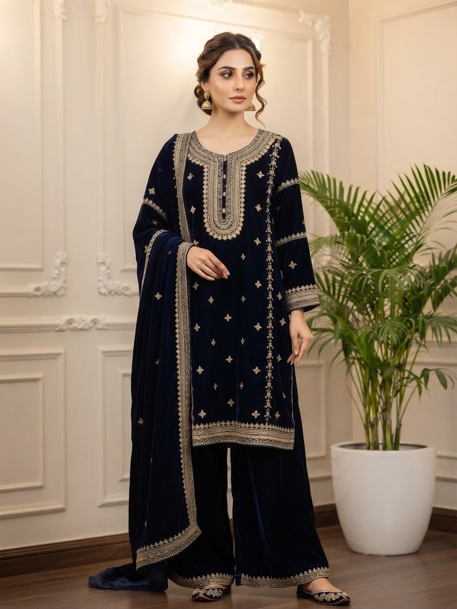 Valvet 3pc Embroidered Chiffon Dupptta Embroidered Plazo