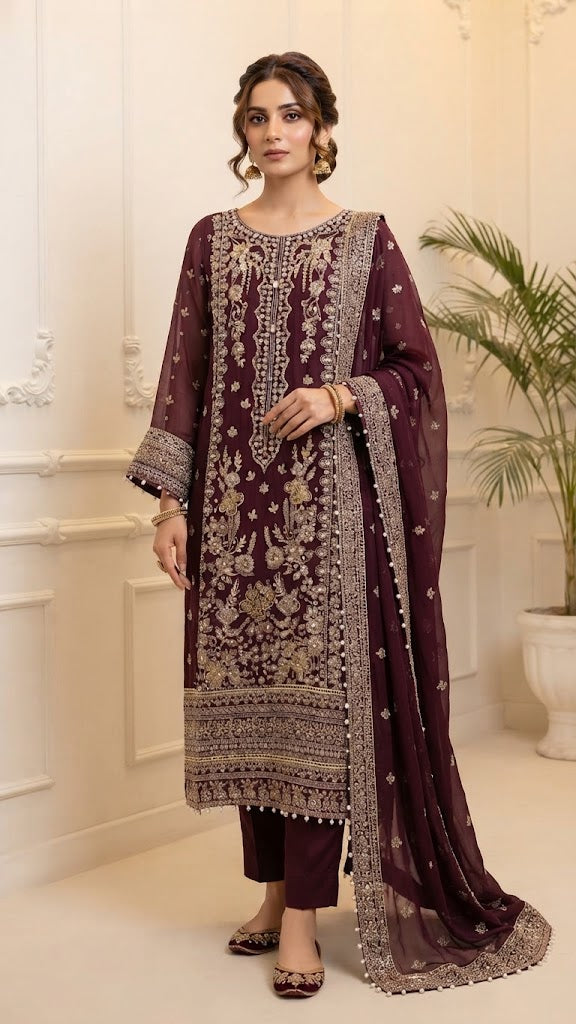 Chiffon Embroidered Stitched 3pc Suit BFO-FZ