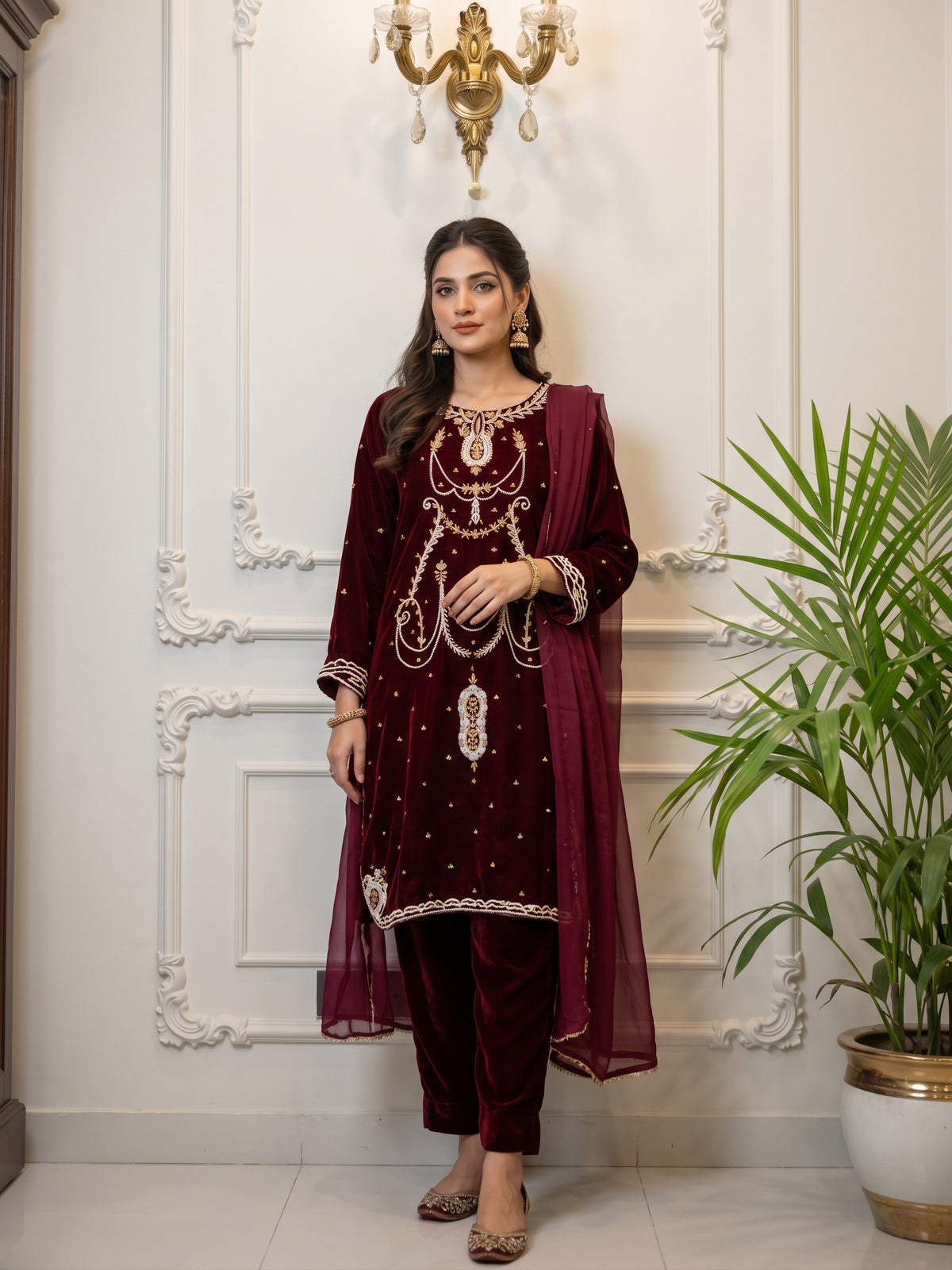 Velvet Embroidered Stitched 3Pc
