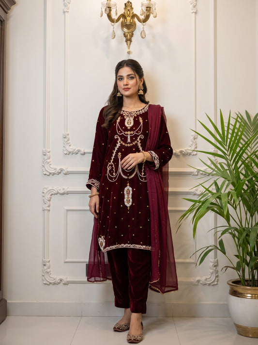 Velvet Embroidered Stitched 3Pc
