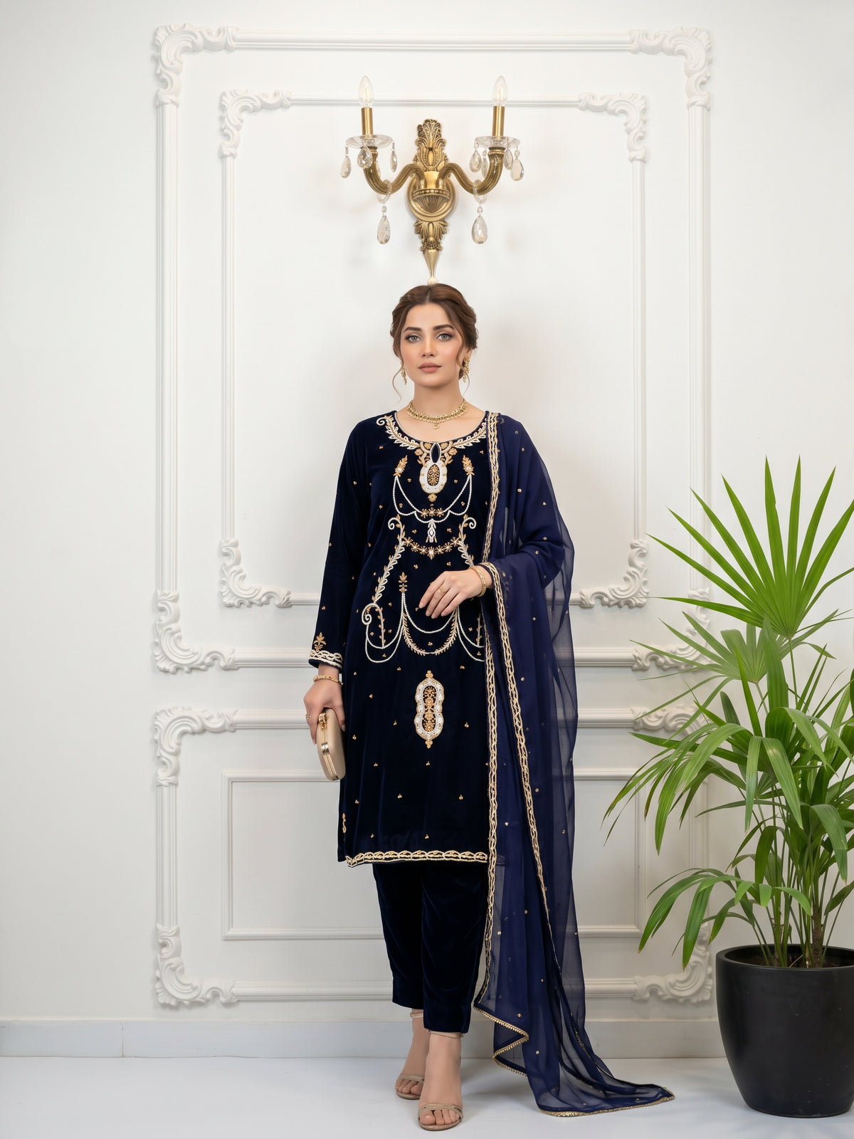 Velvet Embroidered Stitched 3Pc